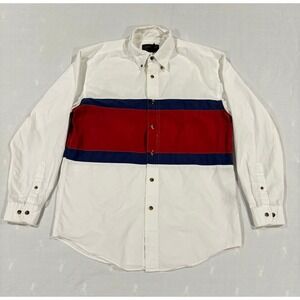 Vintage Eddie Bauer Shirt Mens Large White Red Blue Colorblock Button Down 90s M